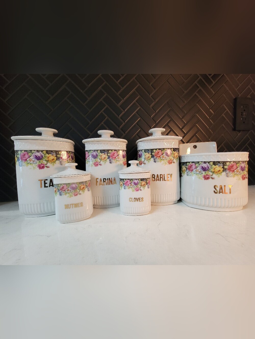 Vintage White Block Germany Floral Canister Spice Jar Set - 6 Pieces Cottagecore